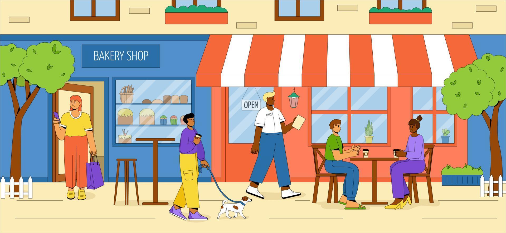 People relax and drink coffee outdoors. The building of the summer cafe with outdoor tables and chairs. Friendly man with a dog relax in the fresh air. Vector concept of a summer cafe.