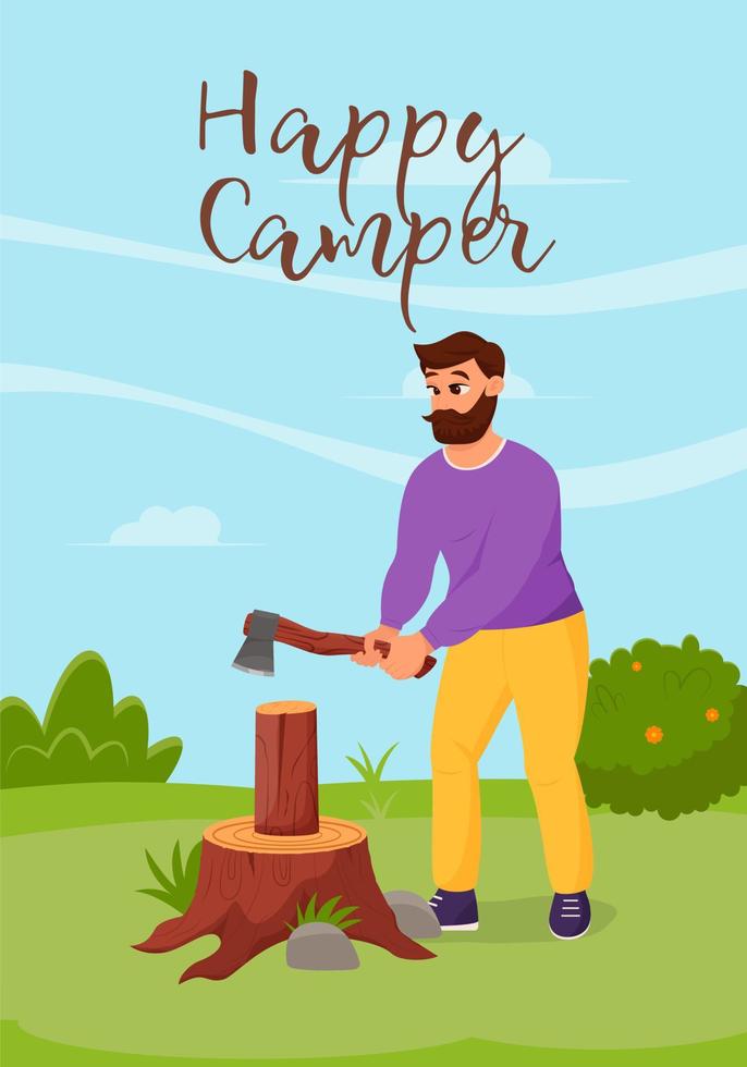 Cute lumberjack holding axe. Summertime camping, hiking, camper, adventure time concept. Flat vector illustration for poster, banner, flyer