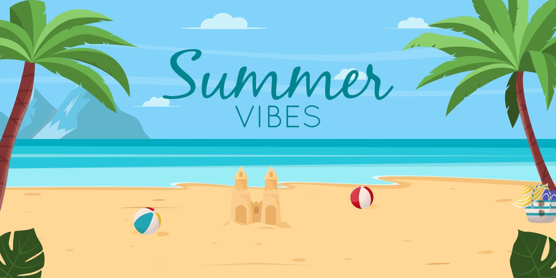 Summer vacation concept background. Beautiful summer beach landscape with sea, palm trees, sand castle. Flat vector illustration for poster, banner, flyer