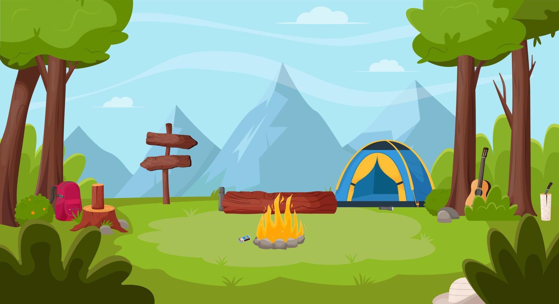 paisaje de verano en el bosque. camping de verano, senderismo, camper, concepto de tiempo de aventura. ilustración de vector plano para cartel, pancarta, volante.