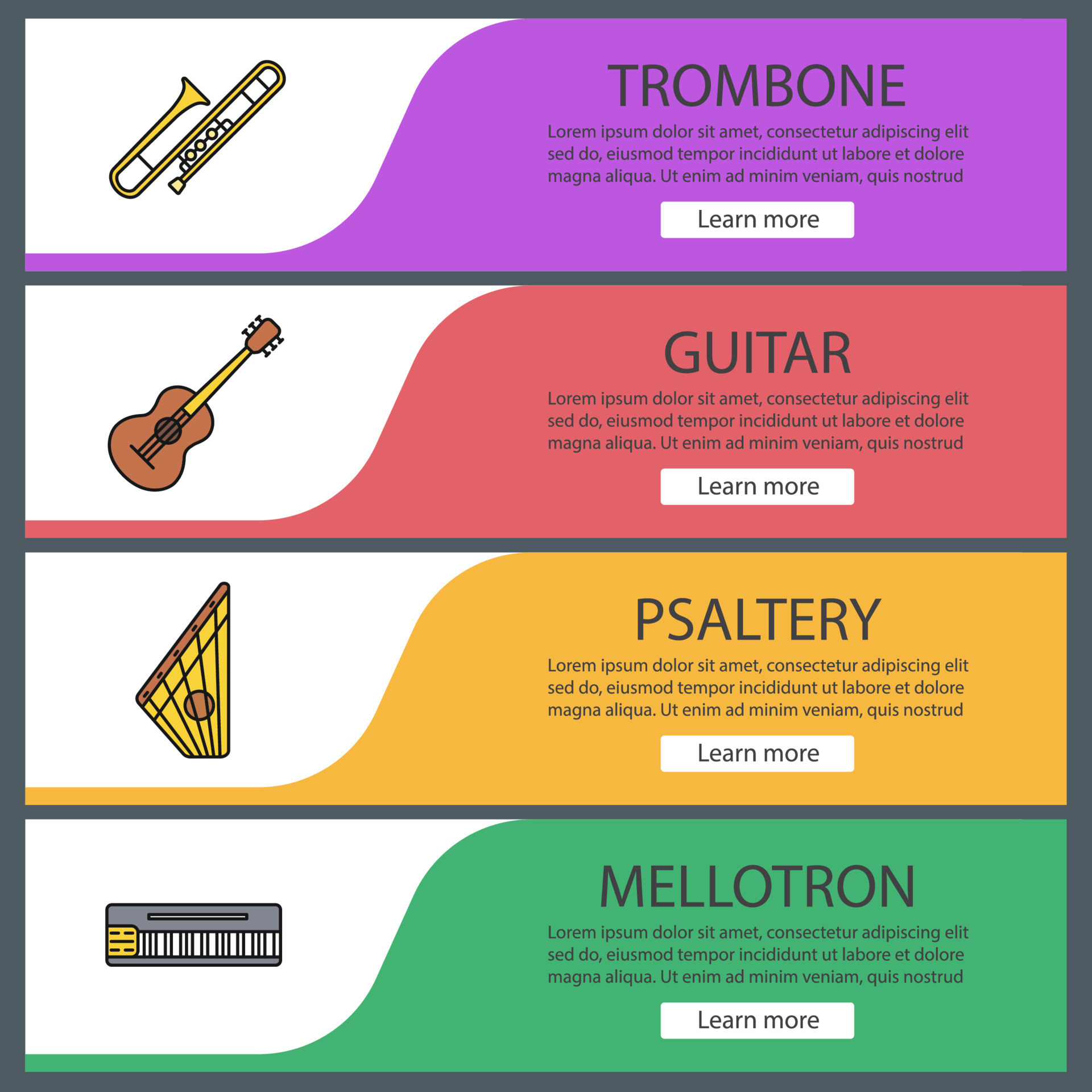 Musical instruments web banner templates set. site color menu items