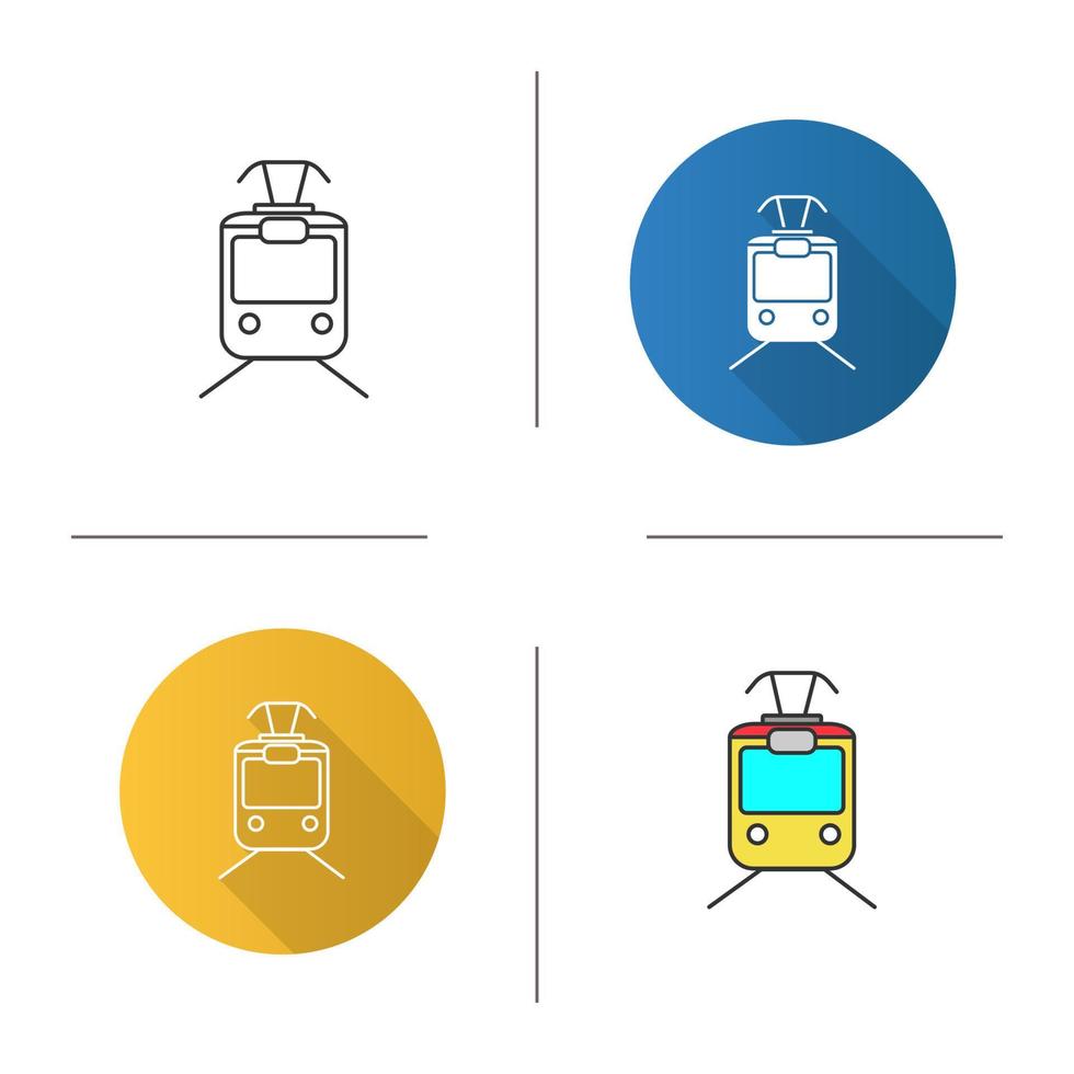 Tram icon. Tramcar, streetcar. Trolley car. Flat design, linear and color styles. Isolated vector illustrations