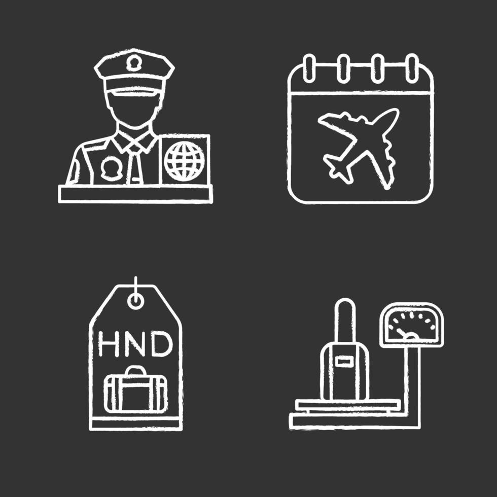 Airport service chalk icons set. Passport control officer, baggage scales, luggage tag, flight date. Isolated vector chalkboard illustrations