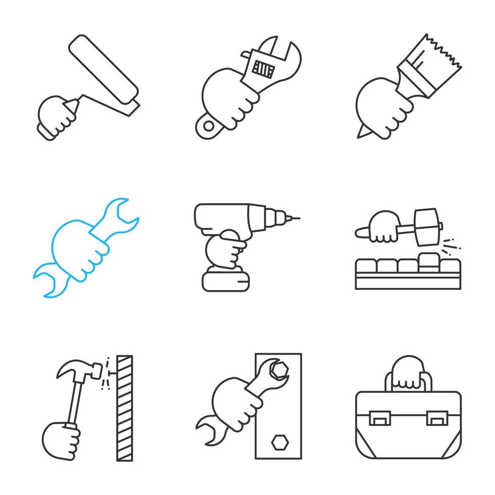 Hands holding instruments linear icons set. Paint roller, plumbing wrench, brush, spanner, electric screwdriver, lump hammer, tool bag. Thin line contour symbols. Isolated vector outline illustrations