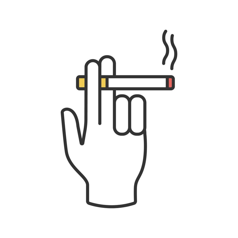 Hand holding burning cigarette color icon. Smoker's hand. Isolated vector illustration