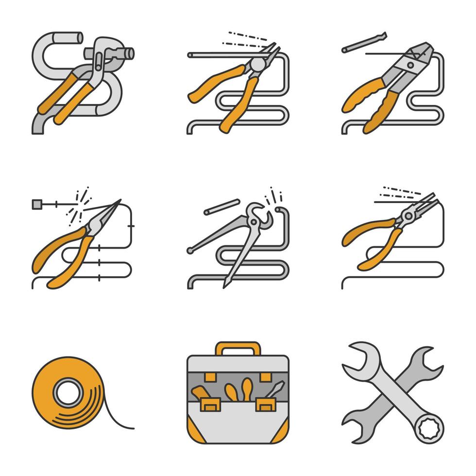 conjunto de iconos de colores de herramientas de construcción. alicates, tenazas, tenazas, pinzas para cortar alambre, llaves cruzadas, cinta adhesiva, bolsa de herramientas. ilustraciones de vectores aislados