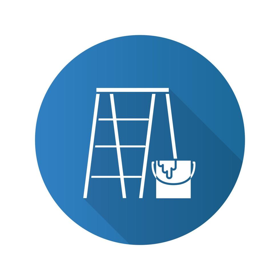 Scaffolding ladder with paint bucket flat linear long shadow icon. Painting, dyeing. Vector outline symbol