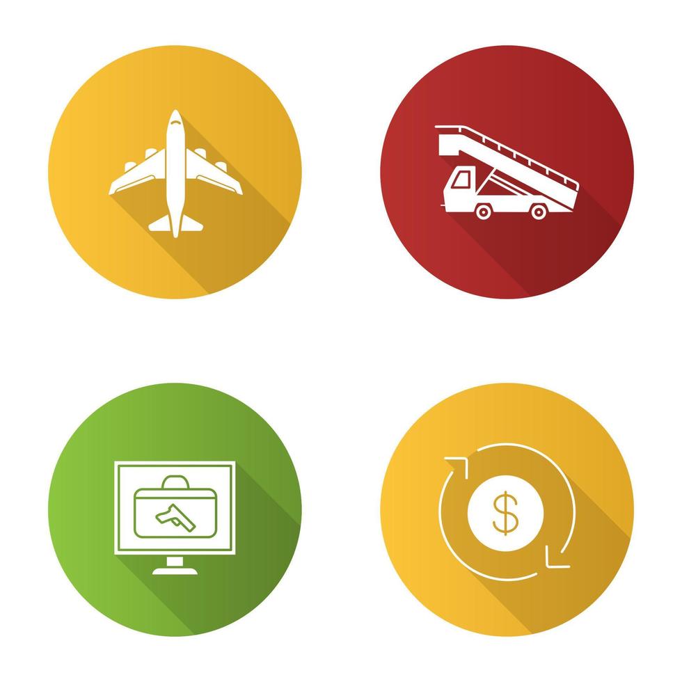 Airport service flat design long shadow glyph icons set. Airplane, stair truck, baggage scanner, dollar currency exchange. Vector silhouette illustration