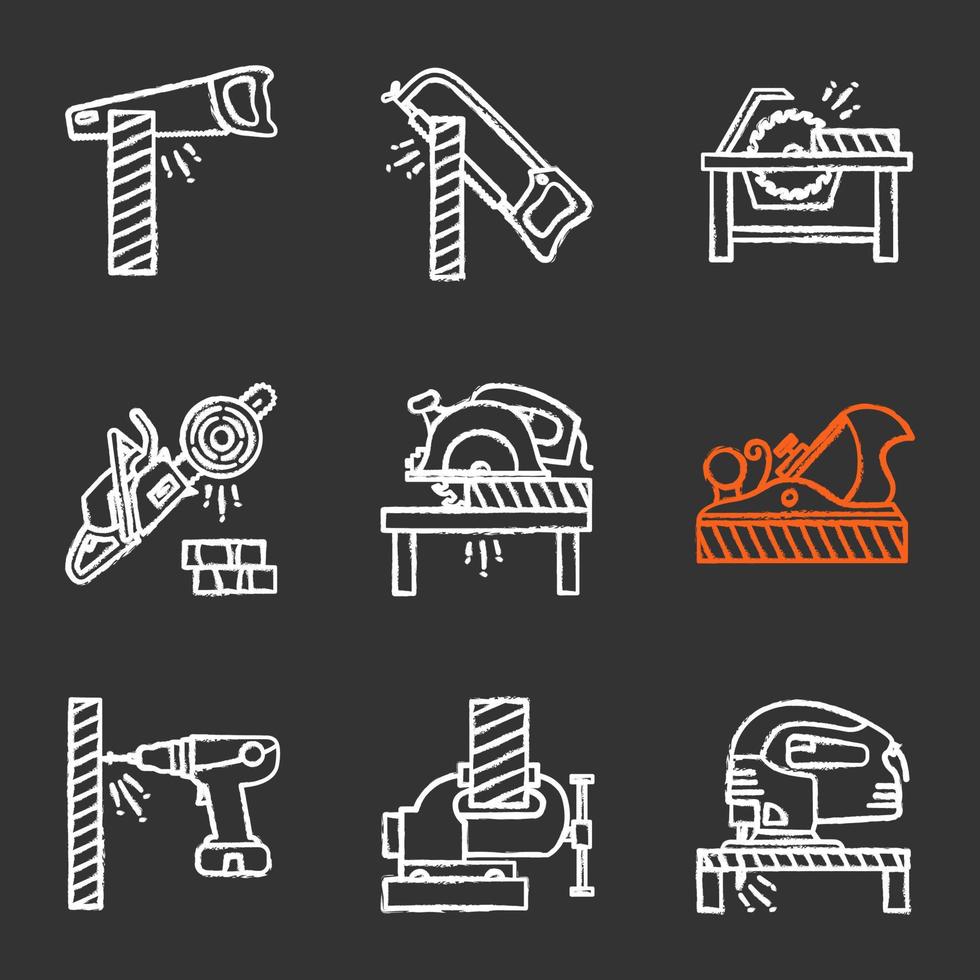 Carpentry chalk icons set. Woodworking. Hand saw, hacksaw, circular saws, chainsaw, jack plane, electric screwdriver, bench vice, jigsaw. Isolated vector chalkboard illustrations