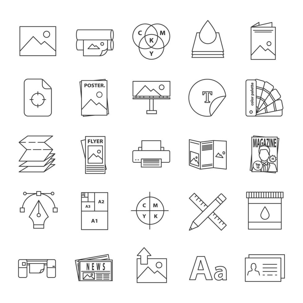 Printing linear icons set. Polygraphy and typography. Posters, flyers, brochures, booklets templates. Thin line contour symbols. Isolated vector outline illustrations
