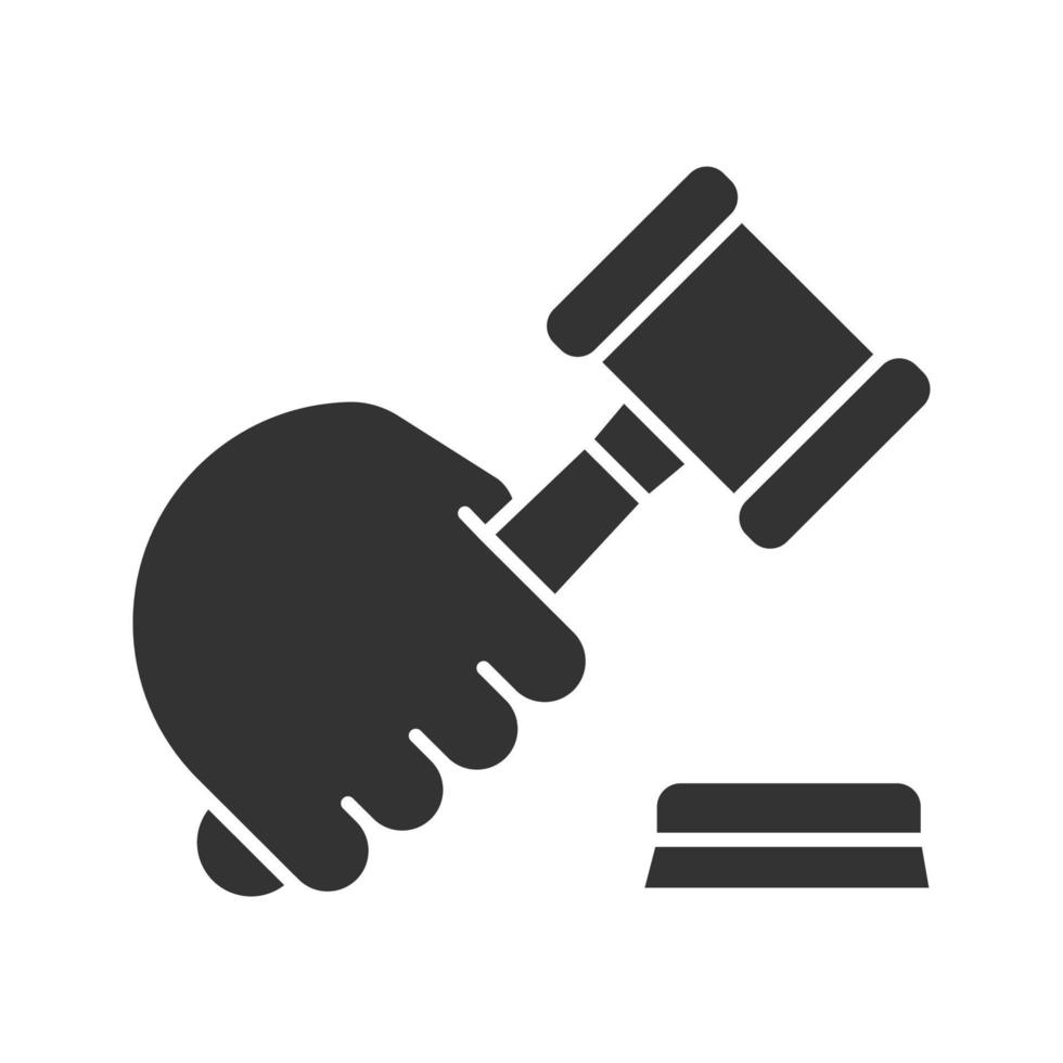 Hand holding gavel glyph icon. Silhouette symbol. Negative space. Vector isolated illustration