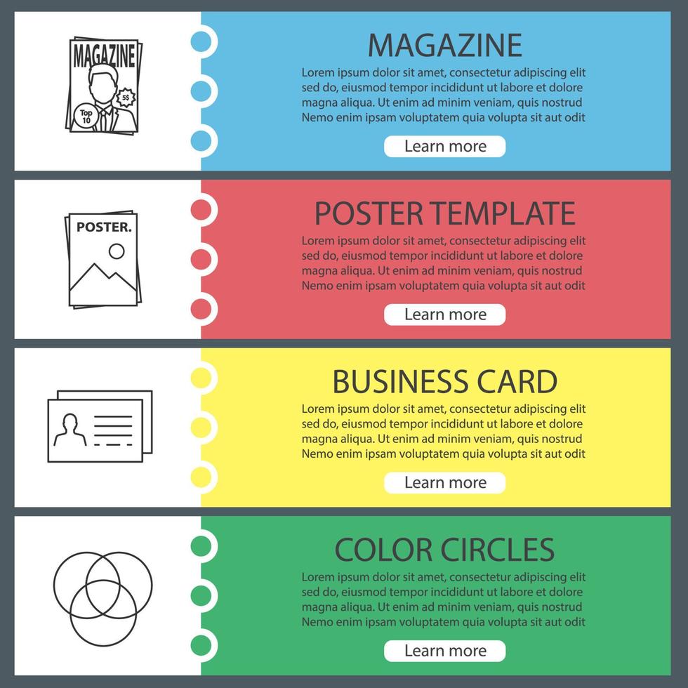 Printing web banner templates set. Polygraphy and typography. Magazine, poster template, business card, color circles. Website color menu items with linear icons. Vector headers design concepts