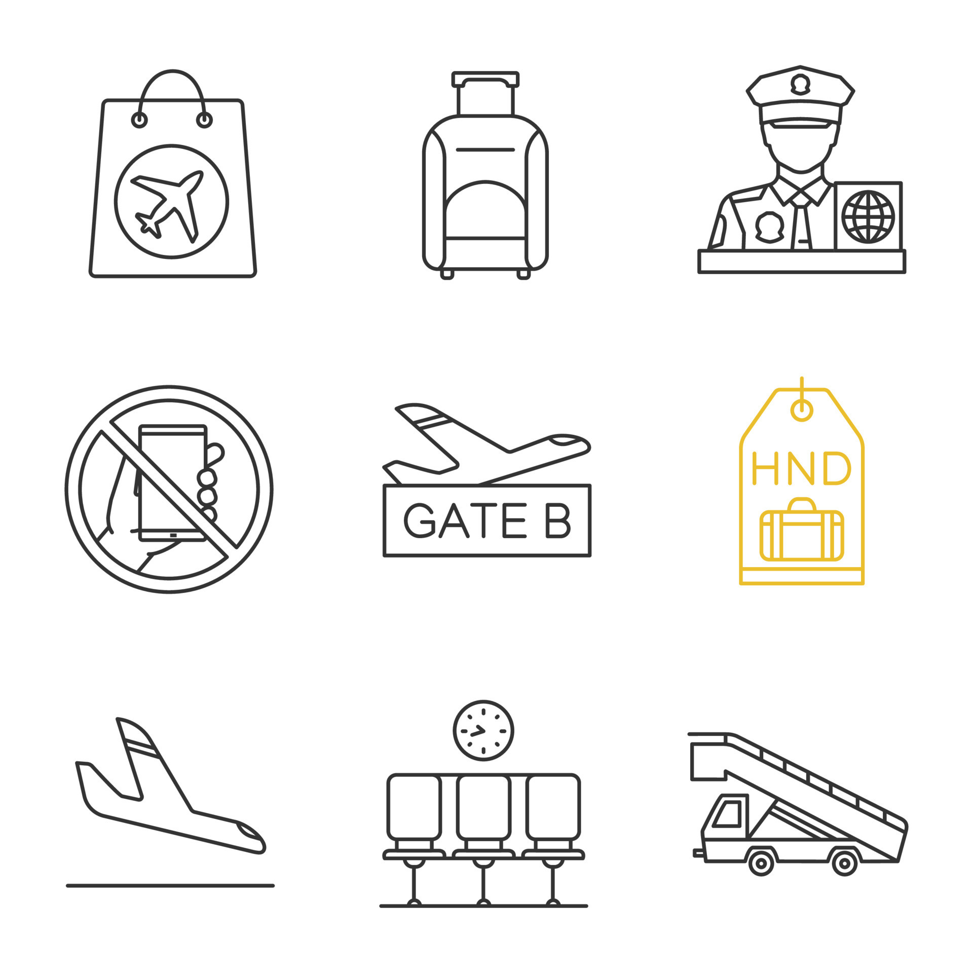 Airport service linear icons set. Airplane arrival, baggage, pass
