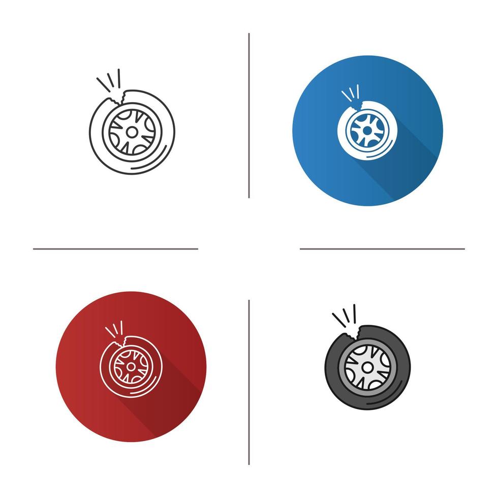 Punctured tire icon. Flat design, linear and color styles. Isolated vector illustrations