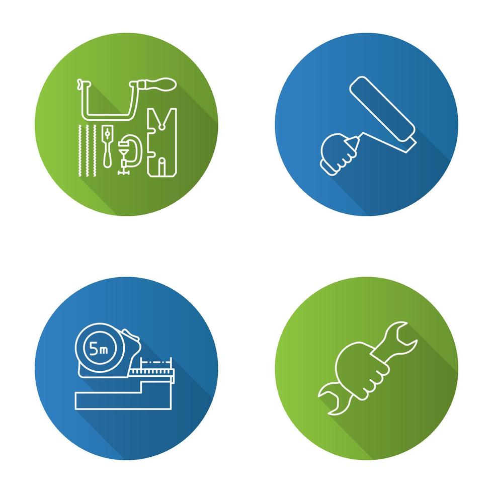 Construction tools flat linear long shadow icons set. Jeweler saw set, paint roller, meter, wrench in hand. Vector outline illustration
