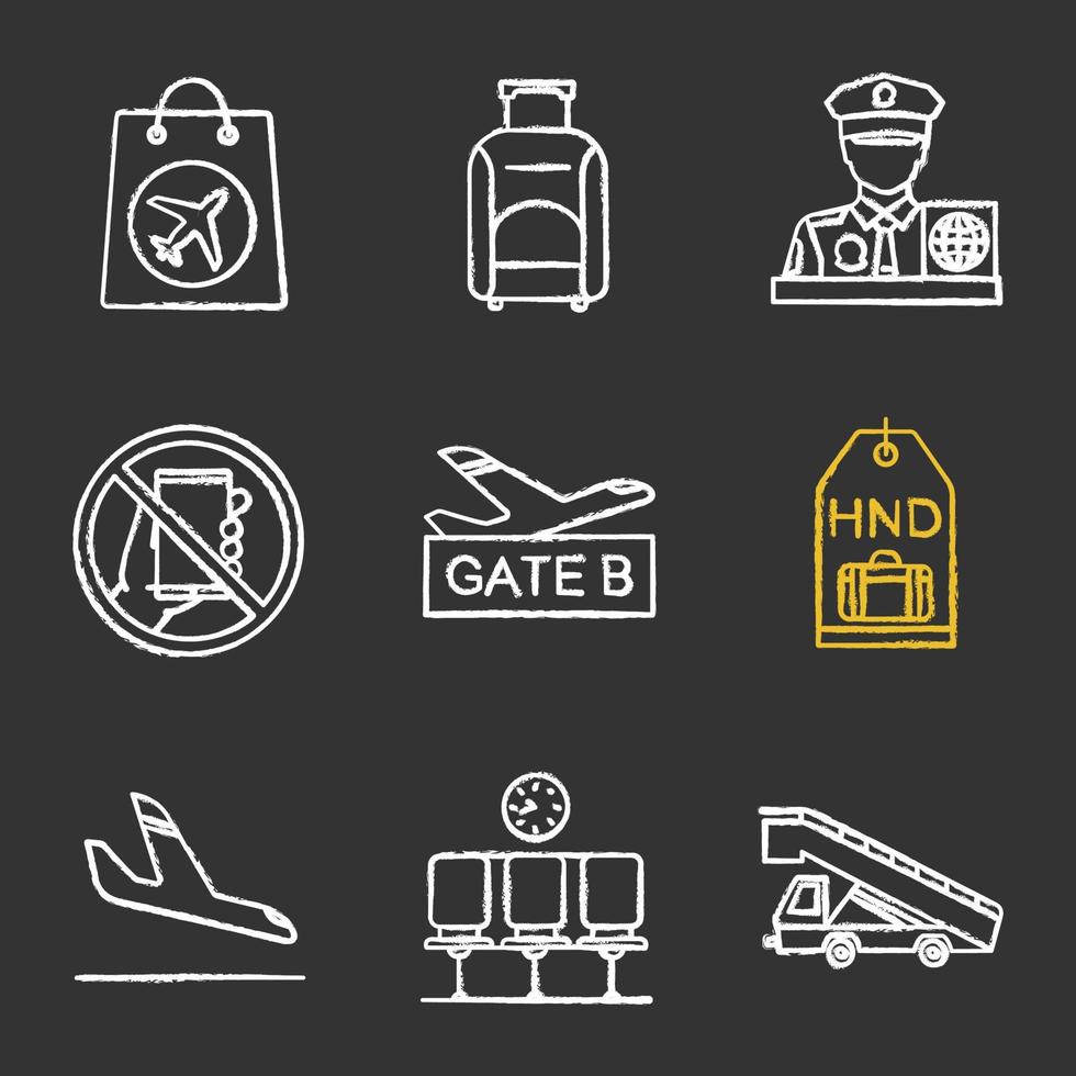 Airport service chalk icons set. Airplane arrival, baggage, pass control, duty free, airport gate, luggage tag, waiting hall, phone prohibition, stair truck. Isolated vector chalkboard illustrations