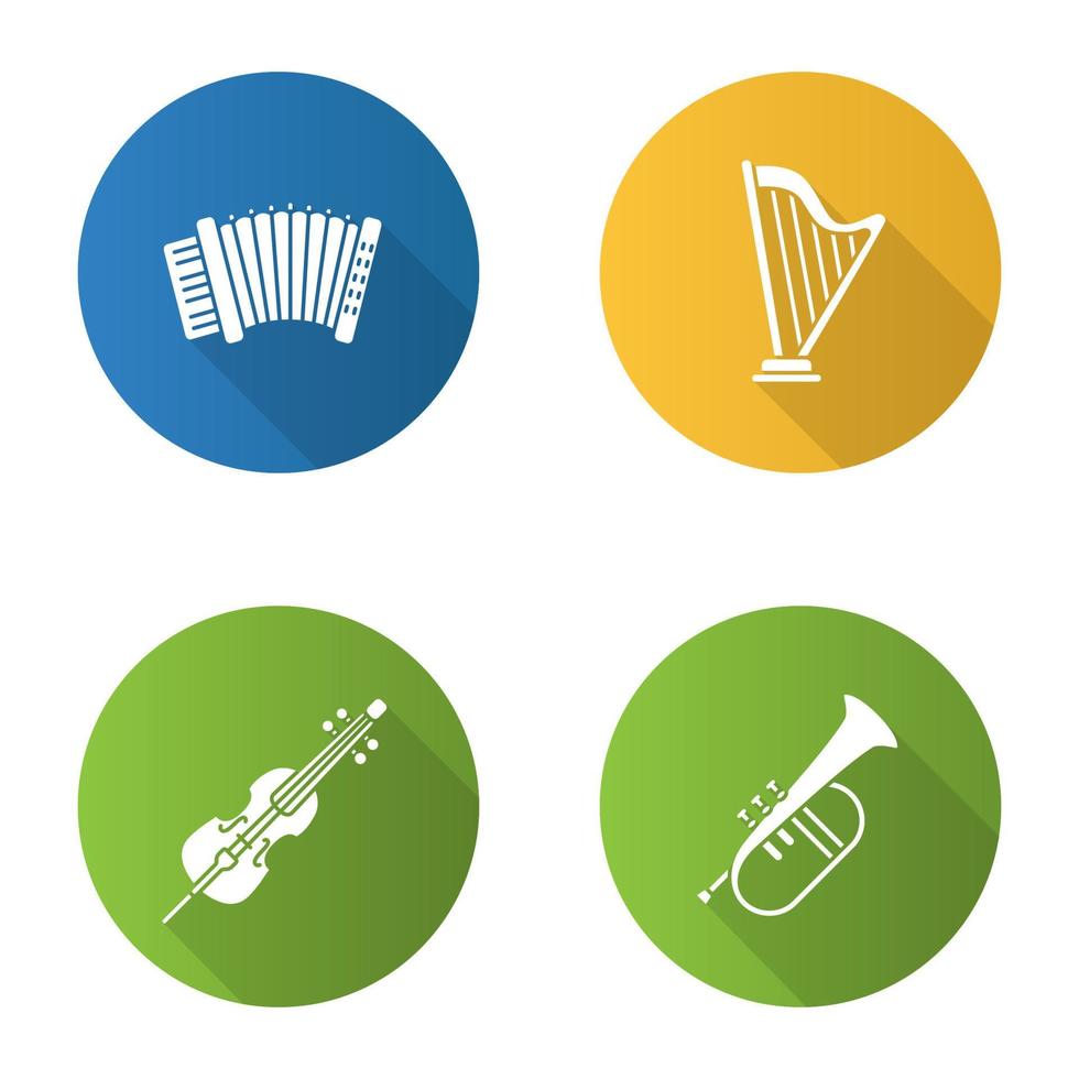 Musical instruments flat design long shadow glyph icons set. Accordion, harp, violoncello, flugelhorn. Vector silhouette illustration