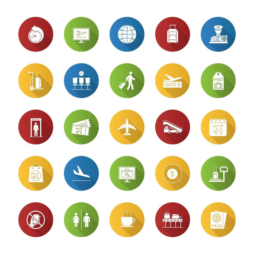 Airport service flat design long shadow glyph icons set. Passport control, baggage check, tickets, flights management. Vector silhouette illustration