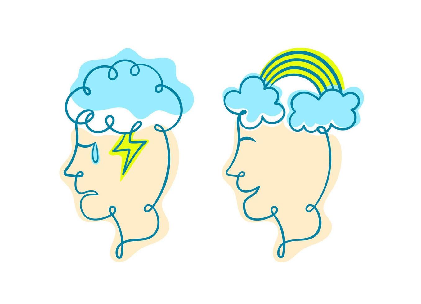 Line style mental health. Happy and sad man with cloud and rainbow vector