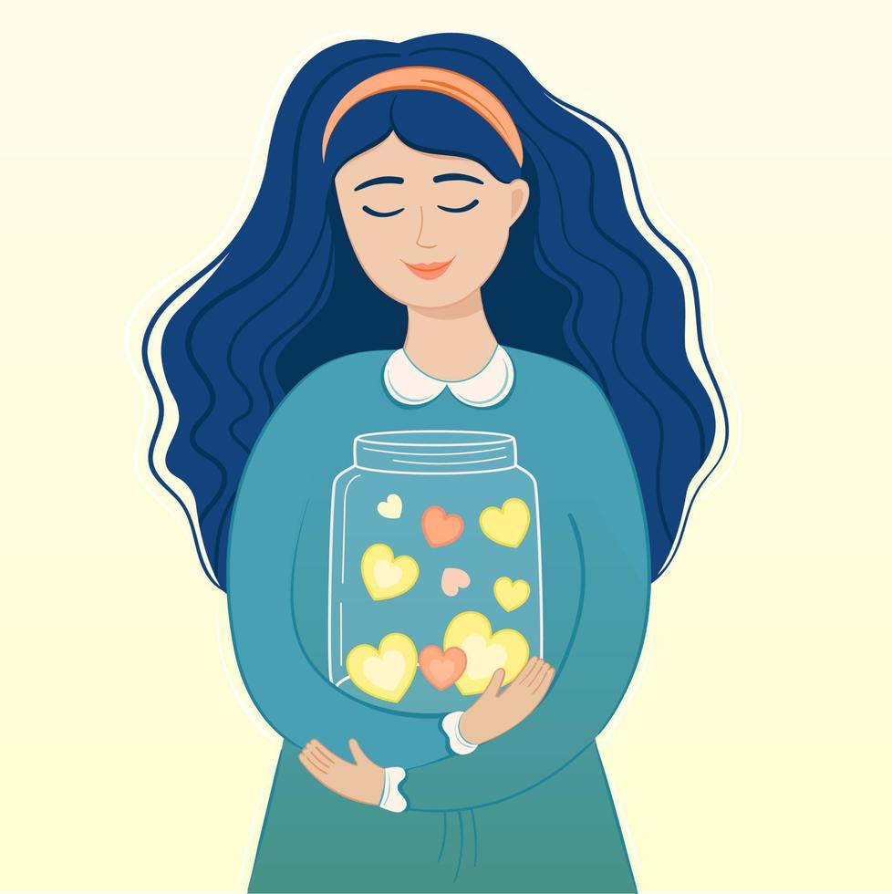 Vector illustration woman with jar with hearts. Help from volunteers with love