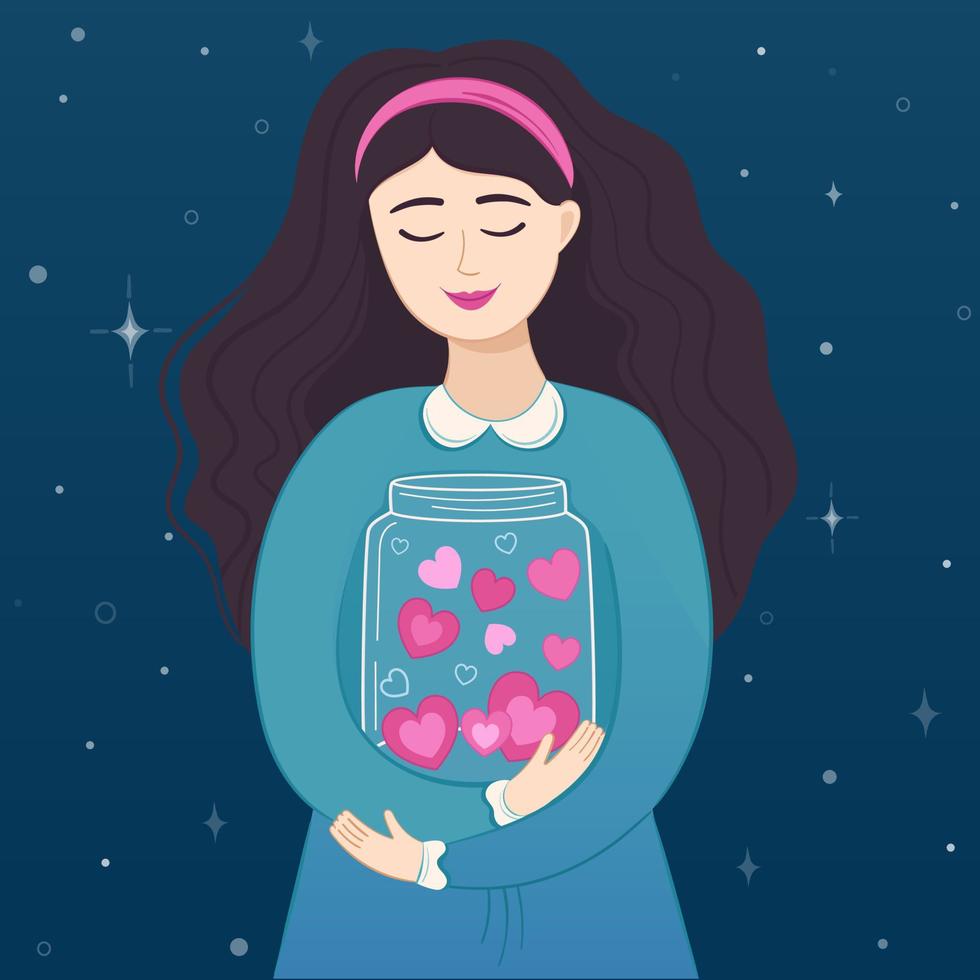 Vector illustration romantic girl with jar with hearts