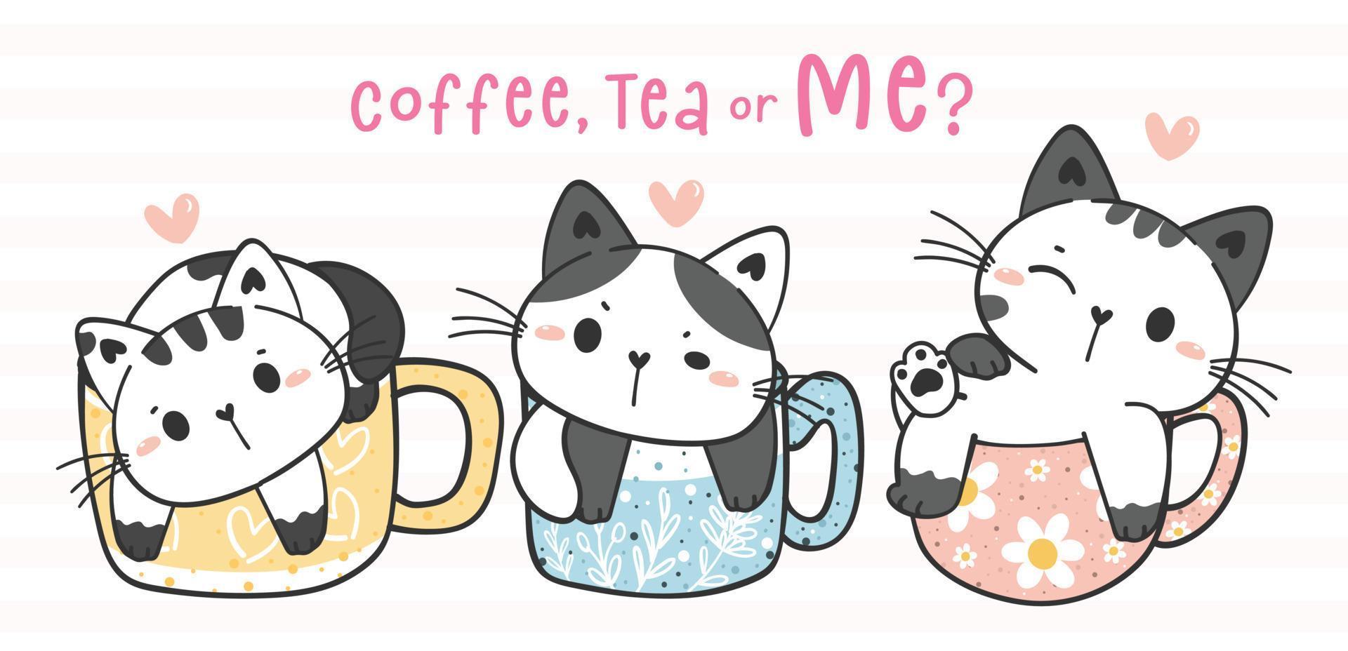 grupo de tres lindos gatitos juguetones en una taza de café cremoso de cerámica, gato en una taza de té de arcilla pastel, tarjeta de saludo vectorial de dibujo de personajes de animales de compañía vector