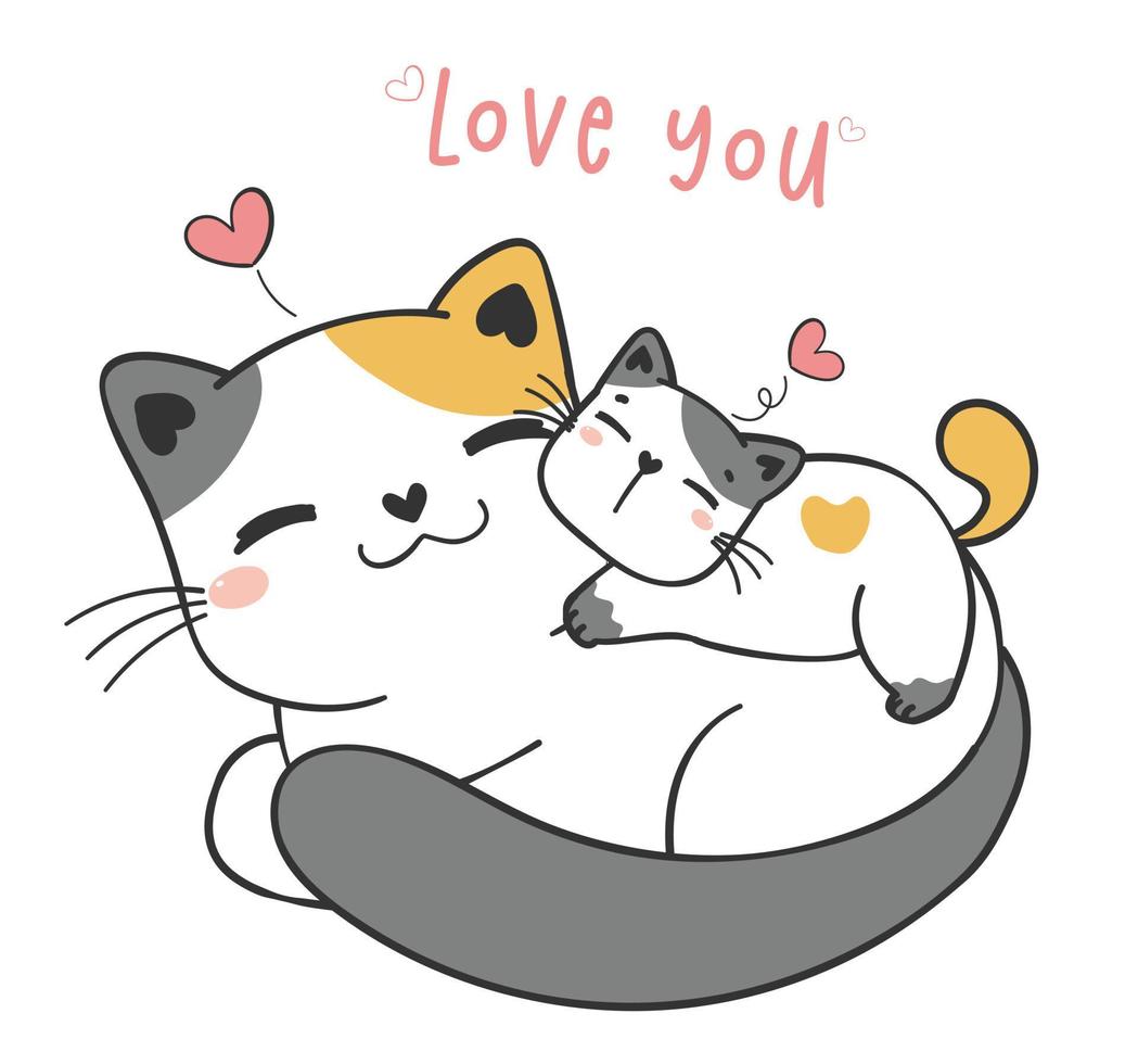 two cute cheerful Mother cat and playful kitty baby play together, pet animal cartoon drawing character vector, mother's day greeting card vector