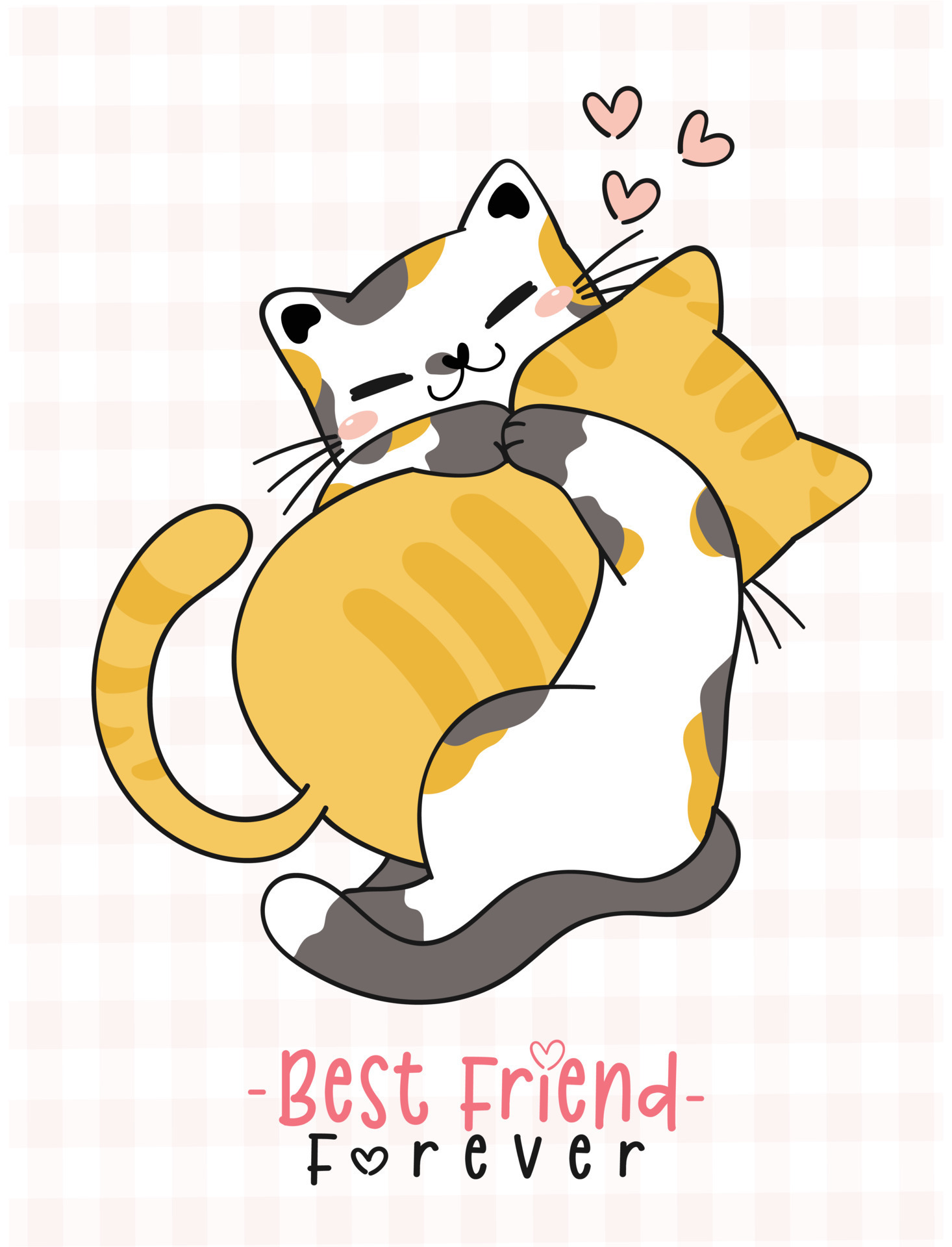 Two cats in love hug doodle icon. Cute pets vector art on white