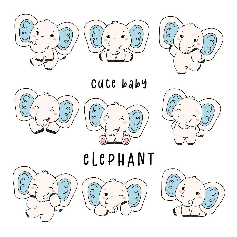 conjunto de bebé elefante azul niño garabato dibujo dibujos animados vivero vector