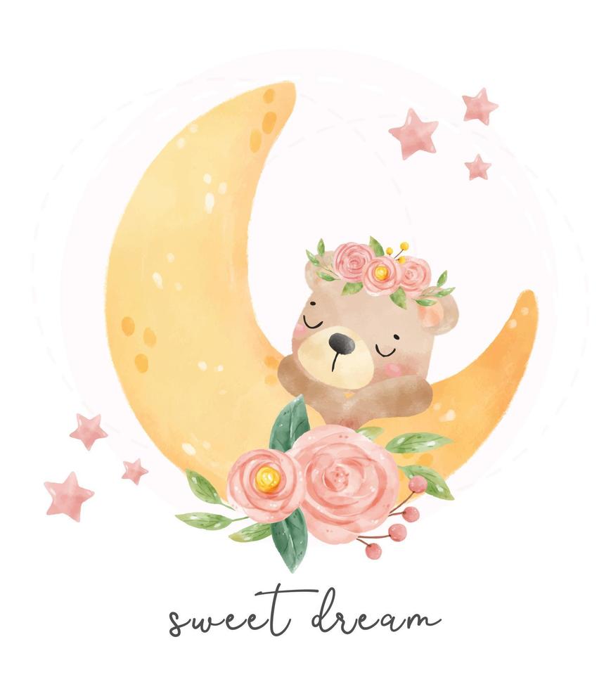 lindo adorable bebé durmiendo oso de peluche en la media luna floral, vector de acuarela dibujado a mano de dibujos animados de animales de vivero