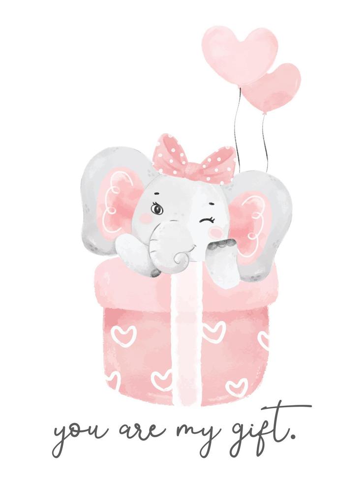 linda niña elefante rosa bebé feliz en la caja de regalo actual con globo de corazón, ilustración dibujada a mano de animal de vida silvestre de acuarela de vivero. vector