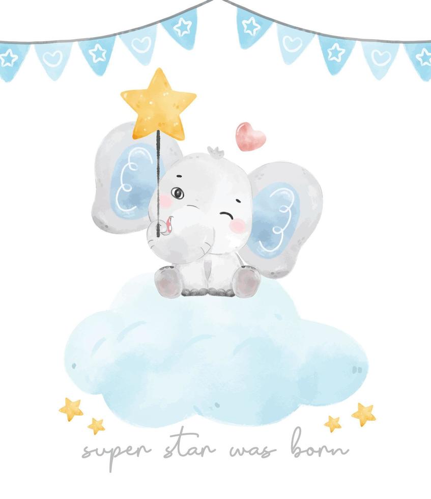 lindo bebé elefante azul sentado en una nube suave, baby shower cumpleaños acuarela dibujado a mano dibujos animados vector animal