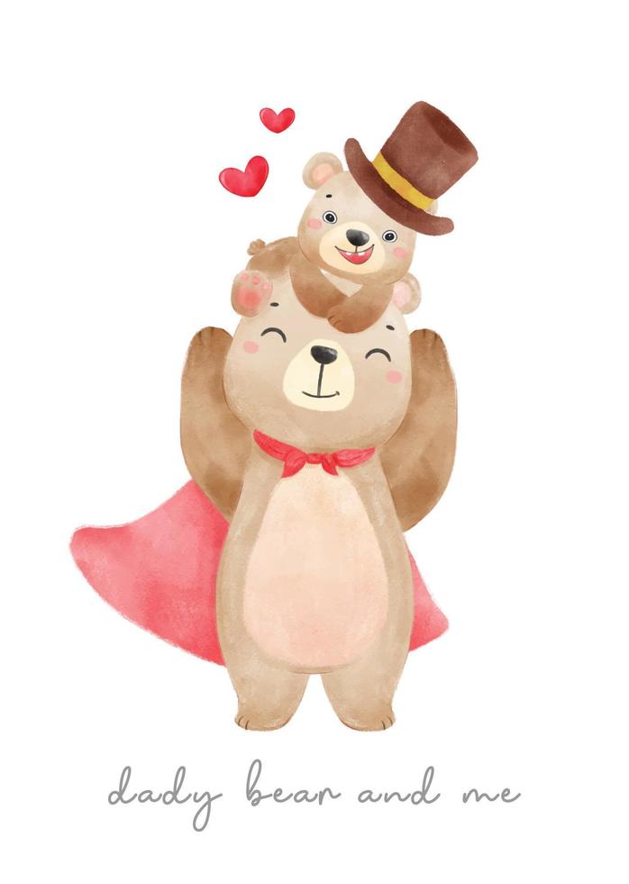 lindo adorable oso de peluche papá sosteniendo un oso de bebé en la cabeza, papá de la infancia y yo, caricatura de acuarela animal dibujado a mano ilustración vectorial del día del padre, idea de tarjeta de felicitación vector