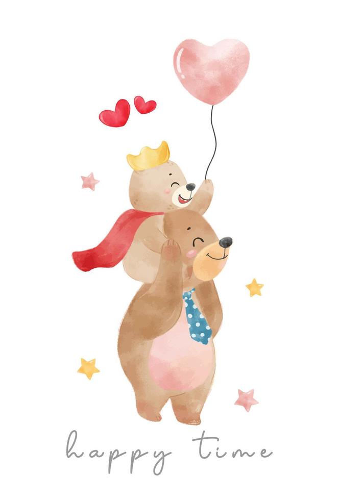 cute childhood with father, happy dad bear with kid teddy king on father shoulder with balloons, father's day watercolor animal cartoon hand drawn vector