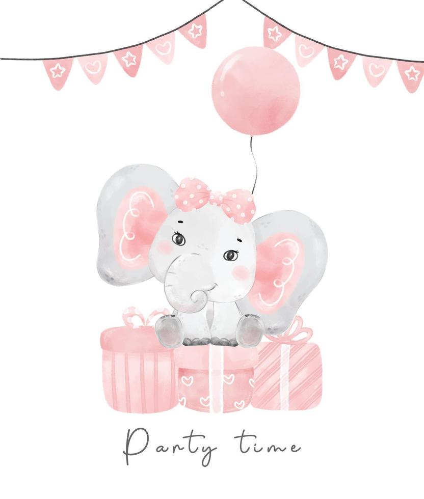 linda niña elefante rosa bebé sentada en cajas de regalo presentes, vivero cumpleaños vida silvestre animal acuarela ilustración de dibujos animados vector