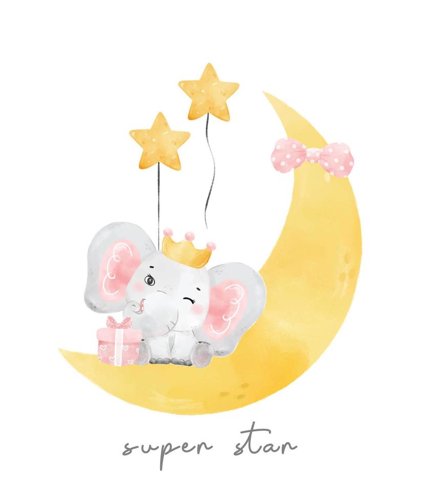 lindo bebé rosa elefante niña reina con corona sentada en la media luna, guardería cumpleaños vida silvestre animal acuarela ilustración de dibujos animados vector