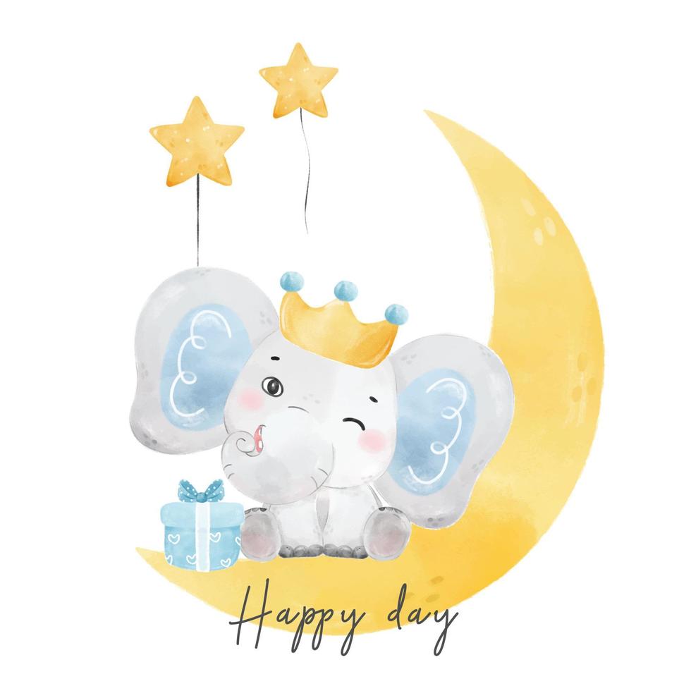 lindo bebé princ elefante en la media luna acuarela cumpleaños guardería dibujos animados pintura vector