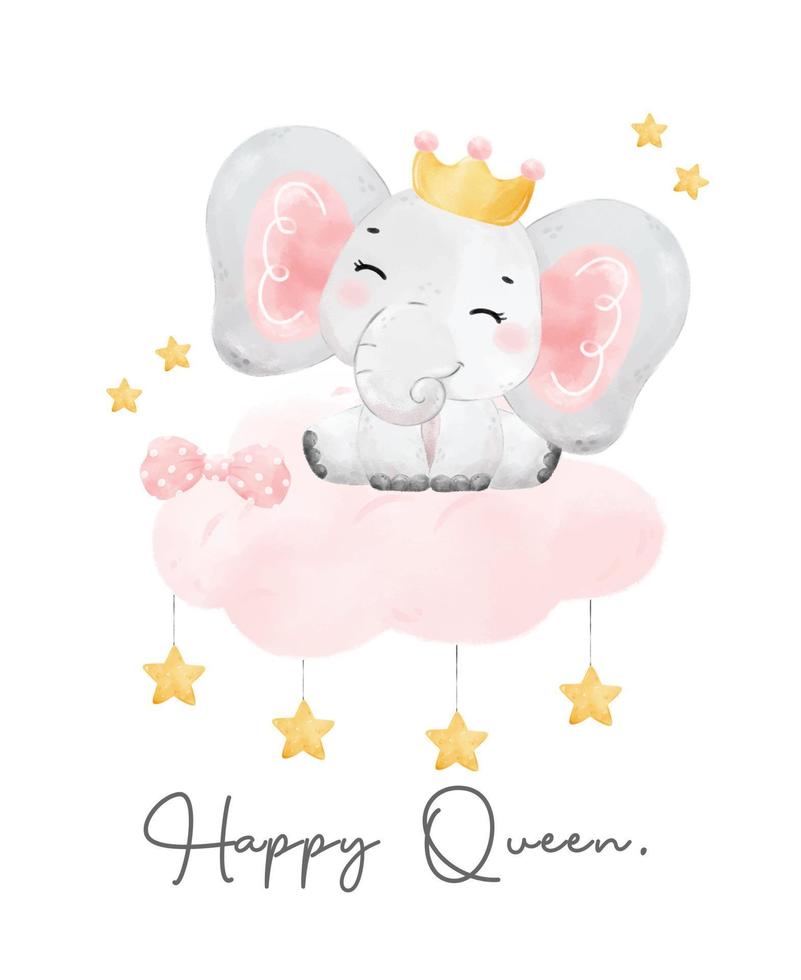 cute baby elephant queen gir with crownl in pink sitting on cloud, nursery watercolour cartoon drawing illustration. vector