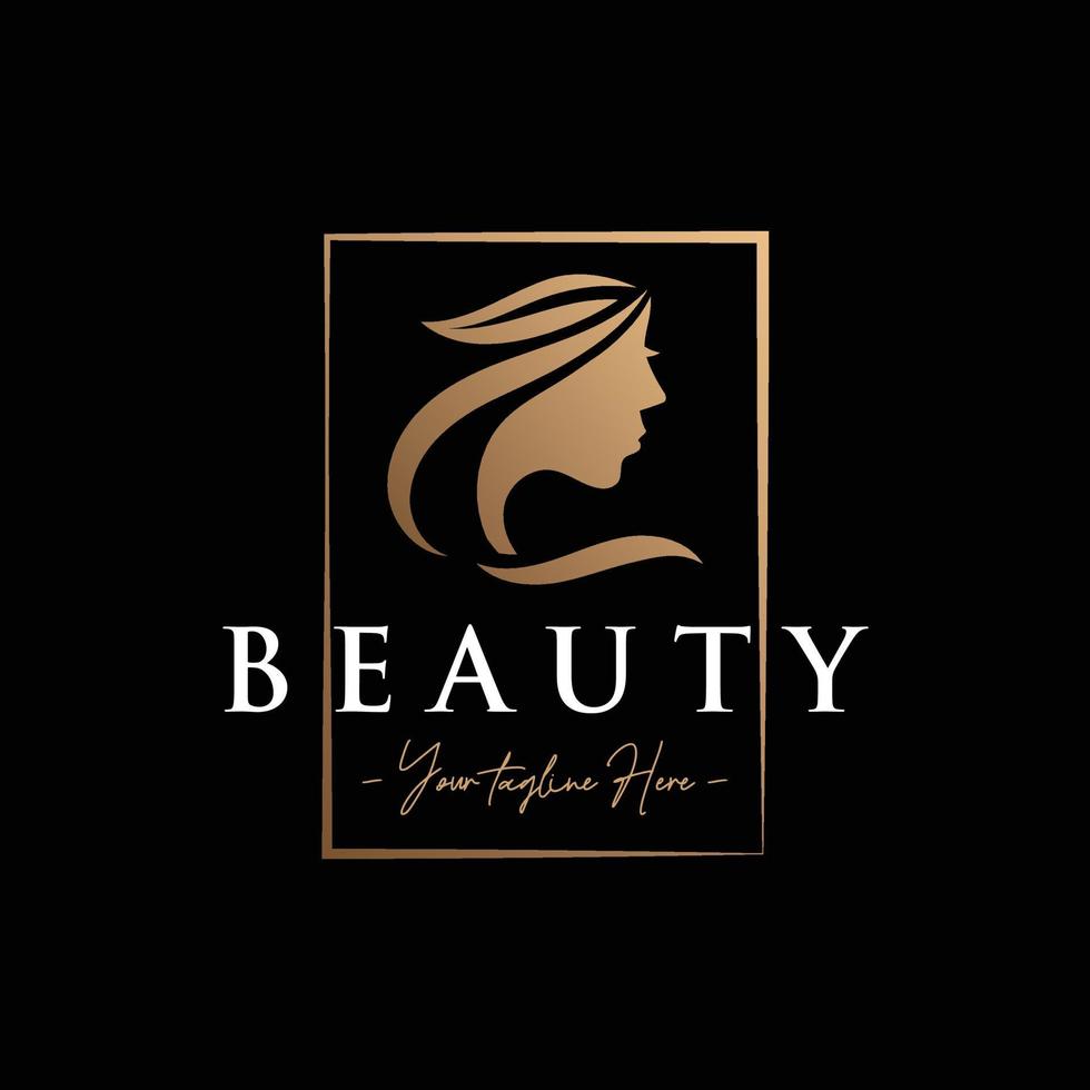 silueta elegante de mujer de belleza con plantilla de logotipo de oro rectangular vector