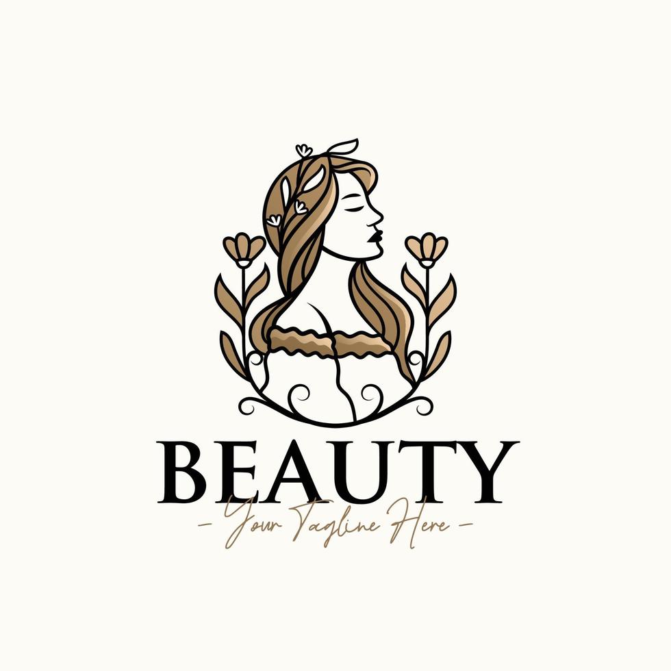 Woman natural feminine gold beauty logo design template vector