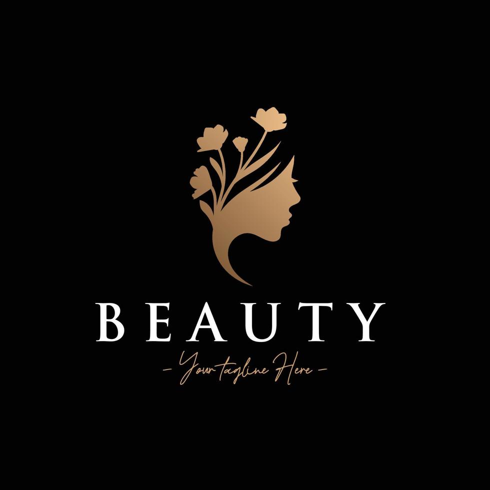 silueta elegante de mujer de belleza con plantilla de logotipo de oro de pelo de flor vector
