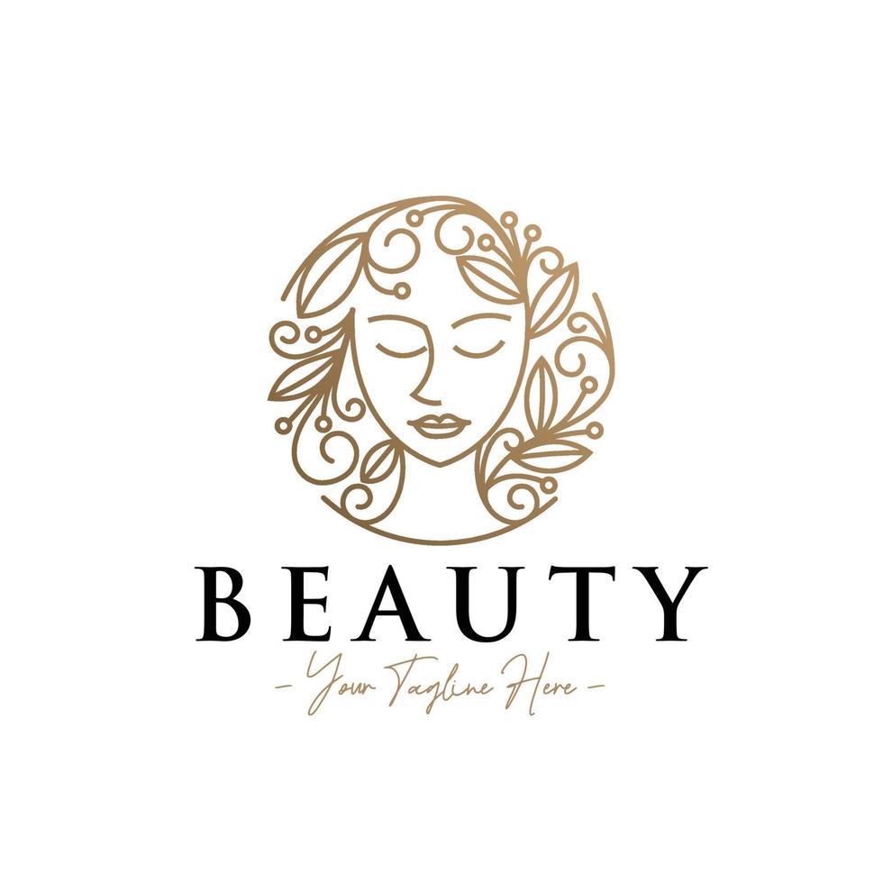 arte de línea femenina de cabeza de mujer de belleza con logotipo de oro natural floral vector