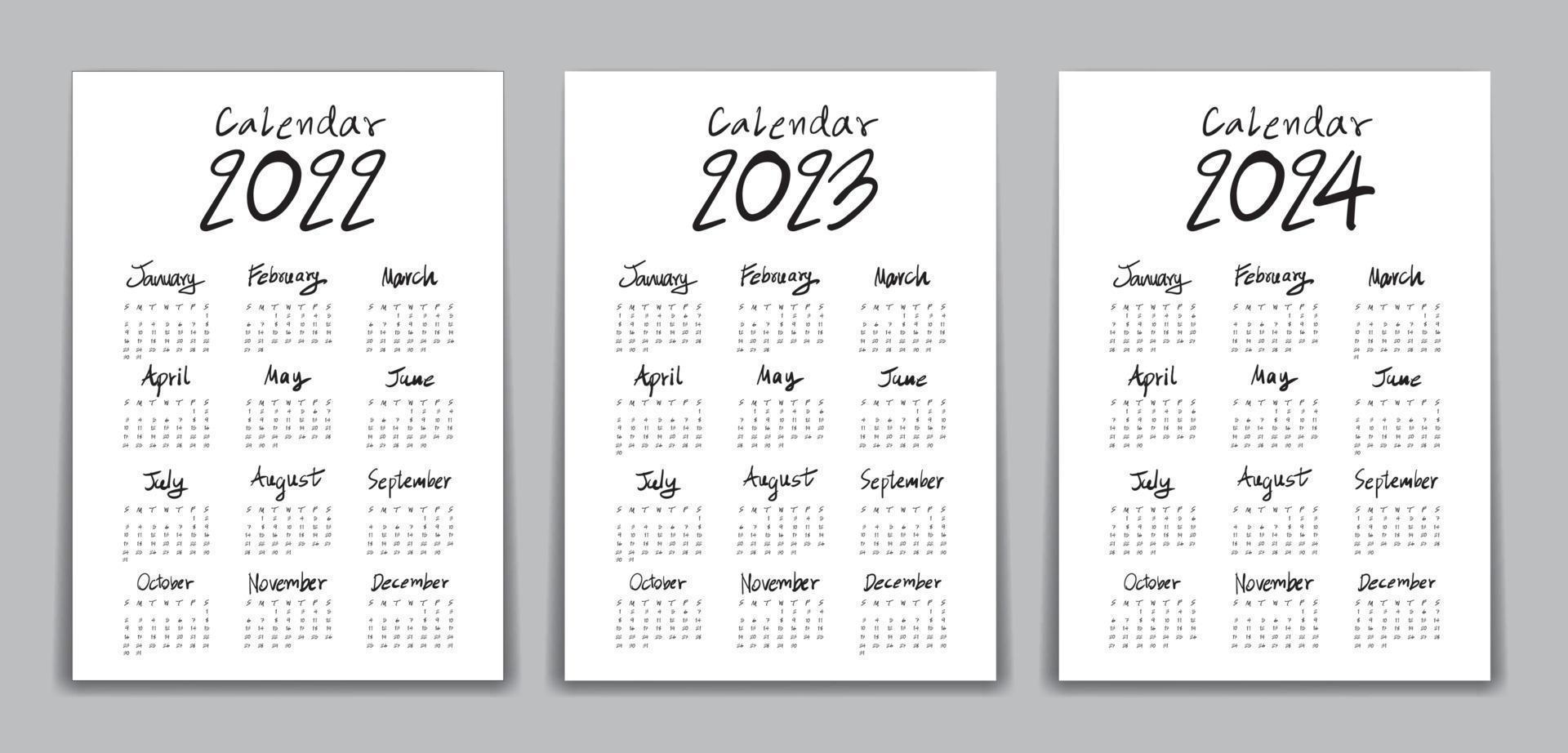 Calendar 2022, 2023, 2024 year, Lettering calendar, hand drawn Lettering calendar vector illustration, Desk calendar deign, wall calendar template, Simple, Set of 12 Months, Week starts Sunday, vector