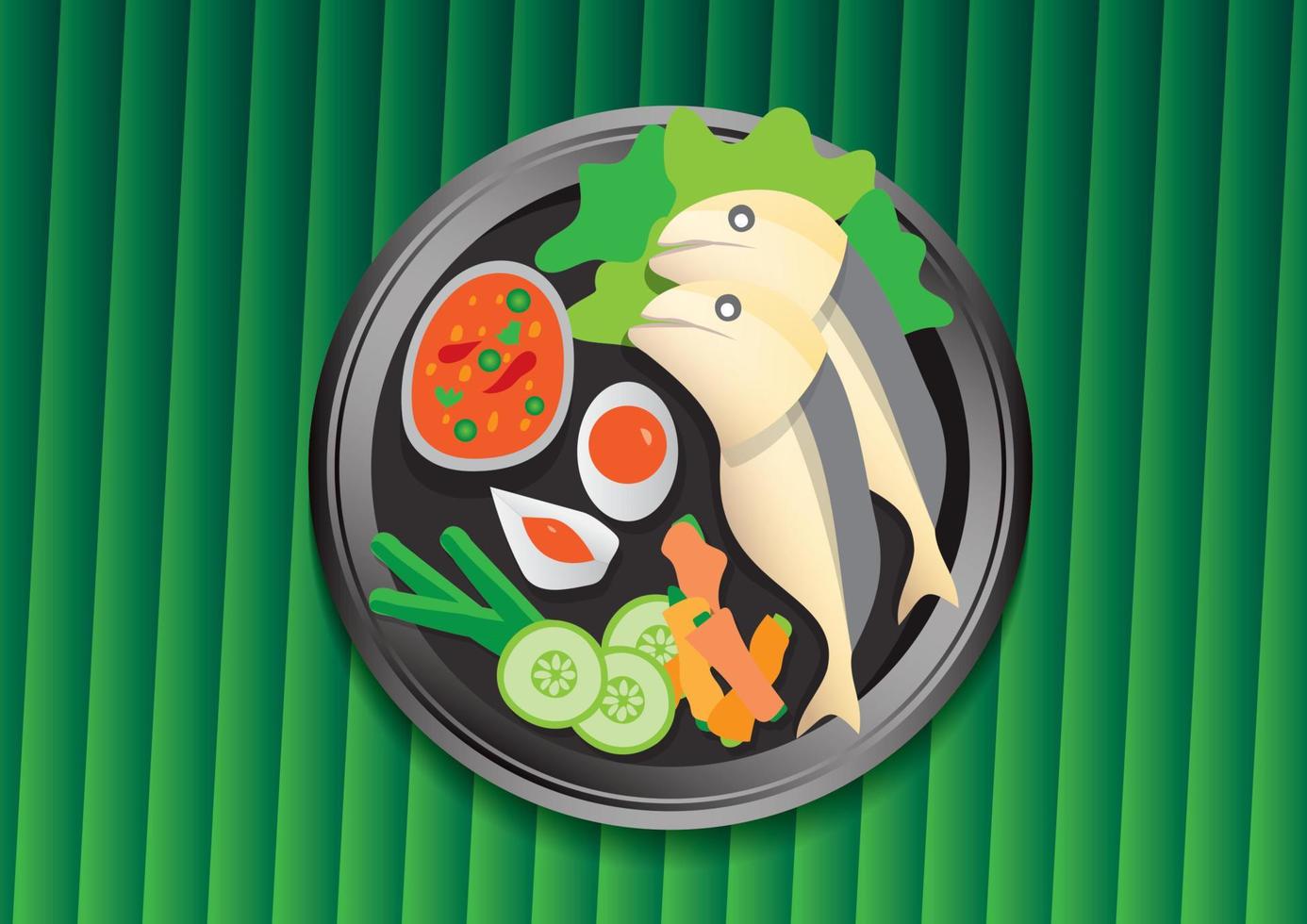 Thai foodn green banana leaf vector illustration. Mackerel Chili Paste. cartoon