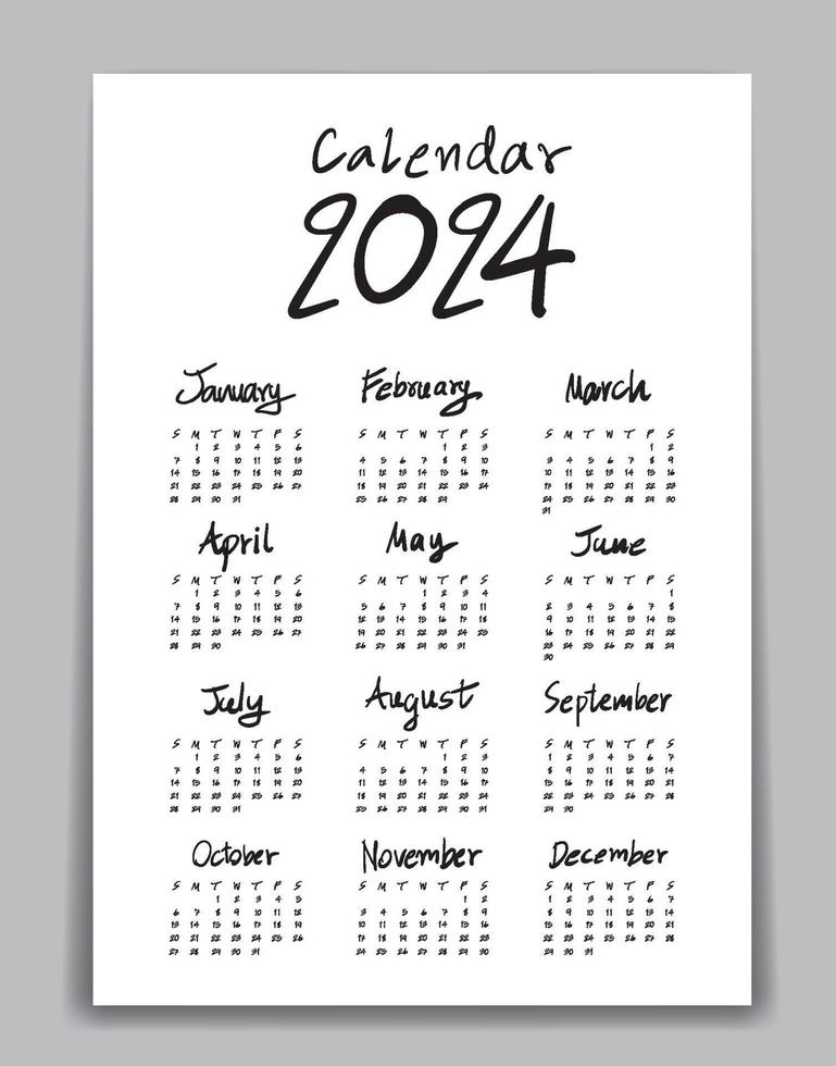 plantilla de calendario 2024, calendario de letras, ilustración de vector de calendario de letras dibujadas a mano, conjunto de 12 meses, la semana comienza el domingo, papelería, volante, diseño de afiches, publicidad