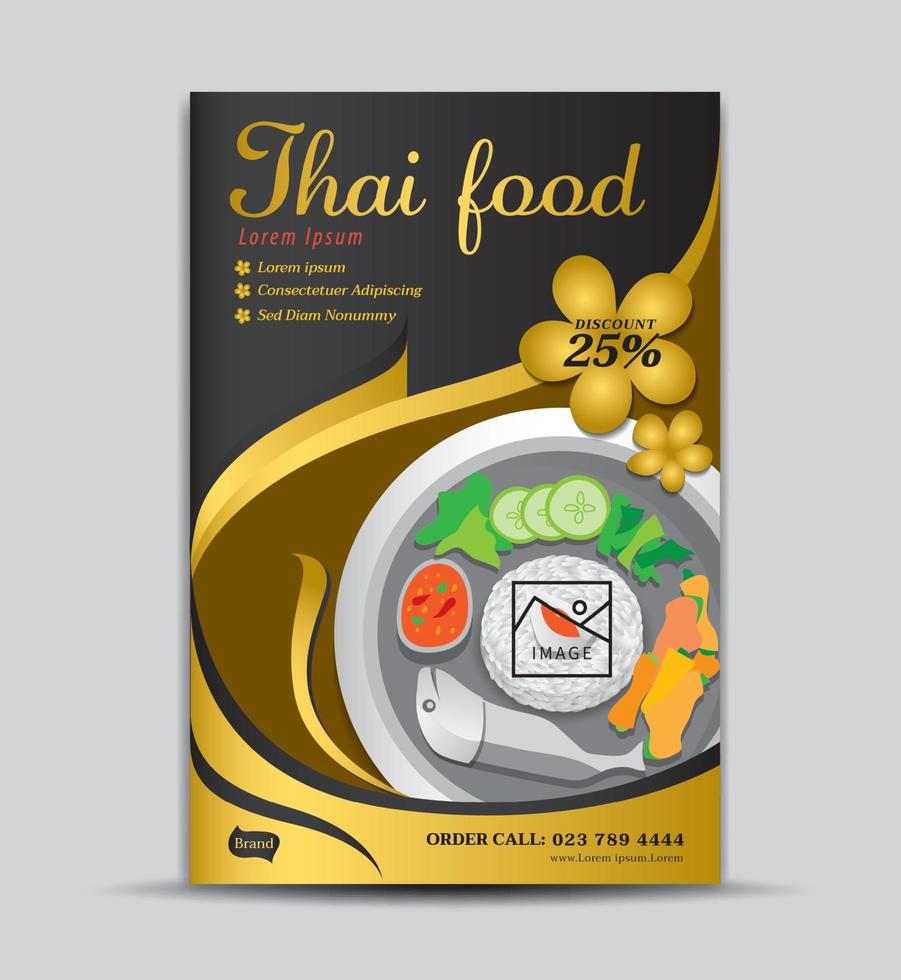 Thai food flyer template, poster design, menu, label, banner, tag, cover, magazine ads, gold background, vector illustration