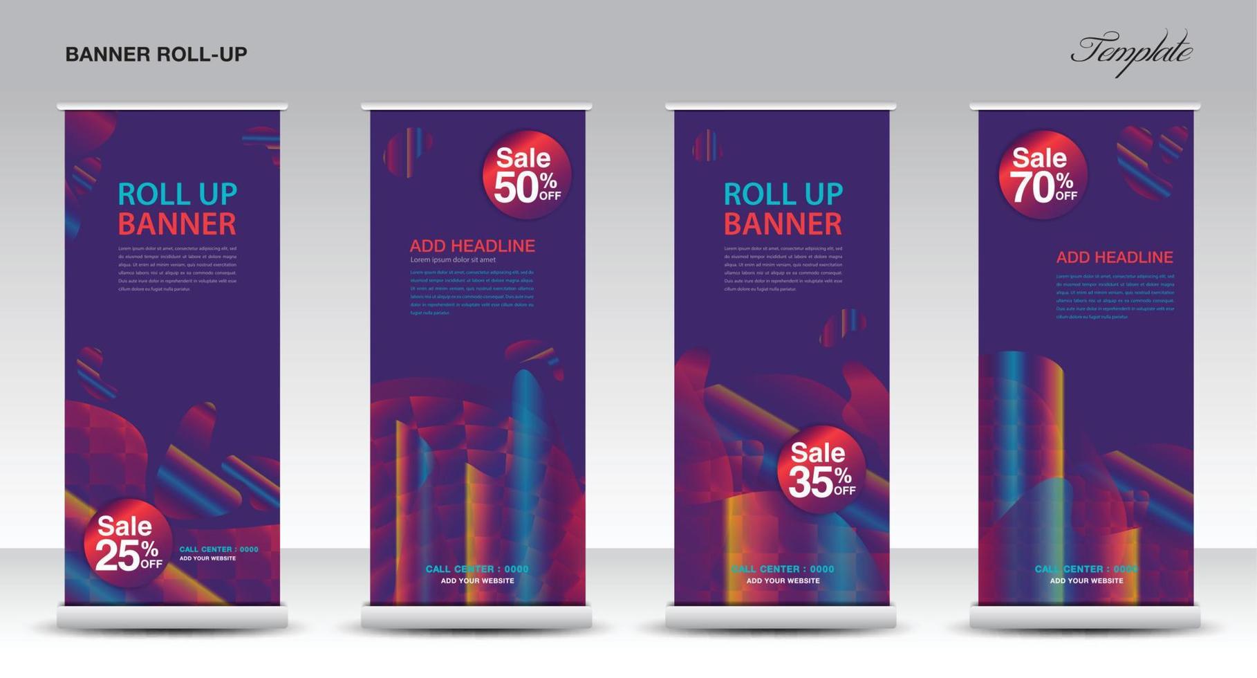 Purple Roll up banner vector template, Modern Exhibition Advertising Trend Business Roll Up Banner, Stand, Poster, Brochure flat design, Presentation, display, x-banner, flag-banner. Stock vector.