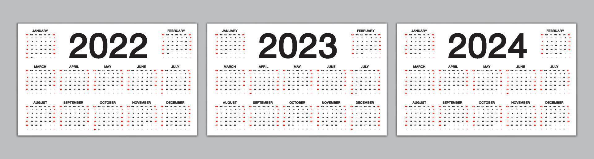 calendario 2022, 2023, plantilla de 2024 años, calendario simple, diseño de calendario de escritorio, calendario de pared, la semana comienza el domingo. conjunto de 12 meses, planificador, afiche, vector eps10