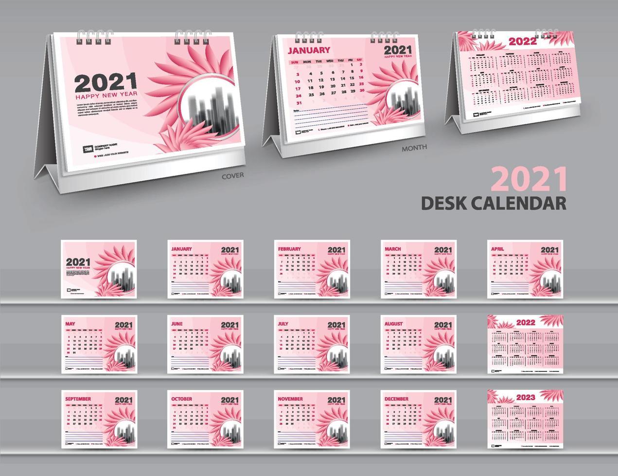 Set Desk Calendar 2021 template Creative design, calendar 2022, 2023 layout, 3d mockup desk calendar, Pink flowers cover design, Set of 12 Months, Week starts Sunday, Stationery. Nature Concept vector