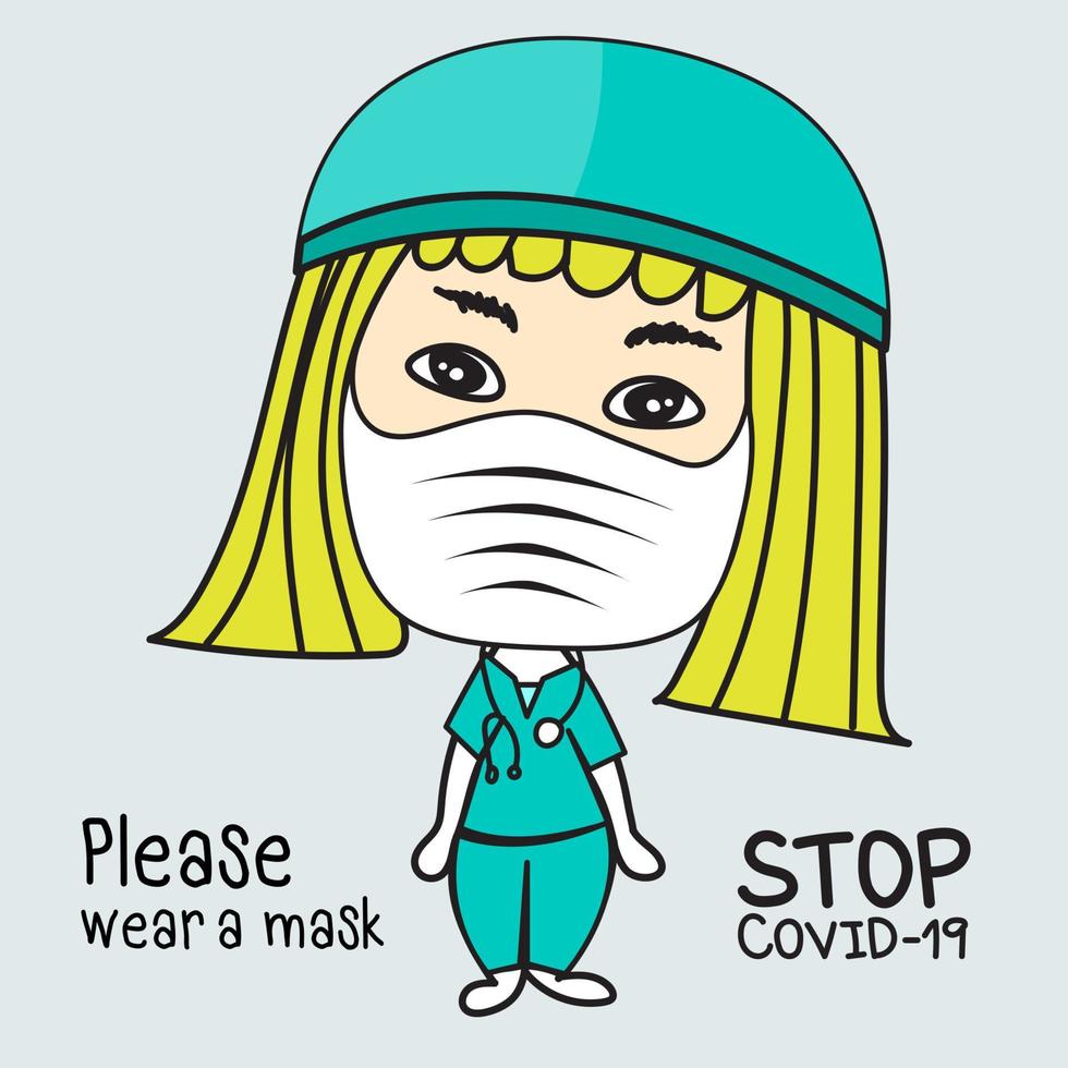 Cute female doctor characters wearing medical mask standing next to word- Please wear a mask- stop covid-19, women cartoon, banner design for social media, poster, ads, cover, Vector illustration